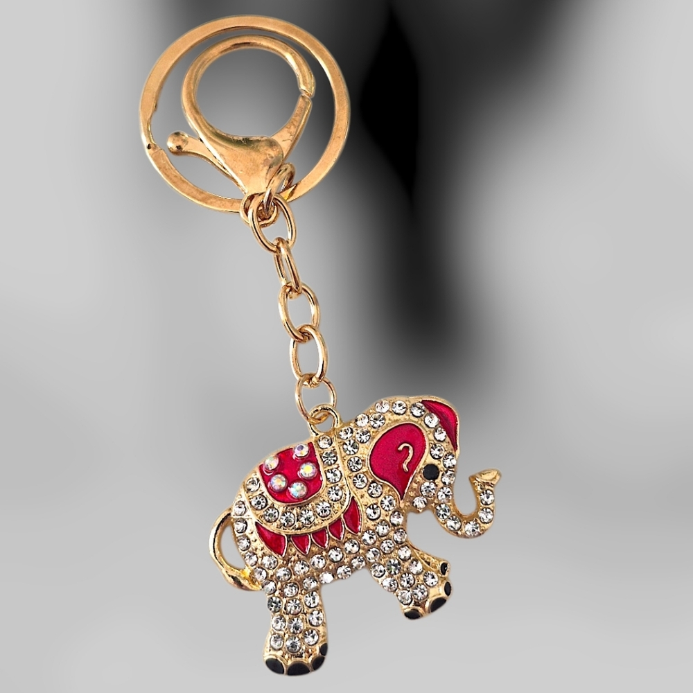 Jeweled Elephant Bag Charm / Keychain with Red Enamel Accents